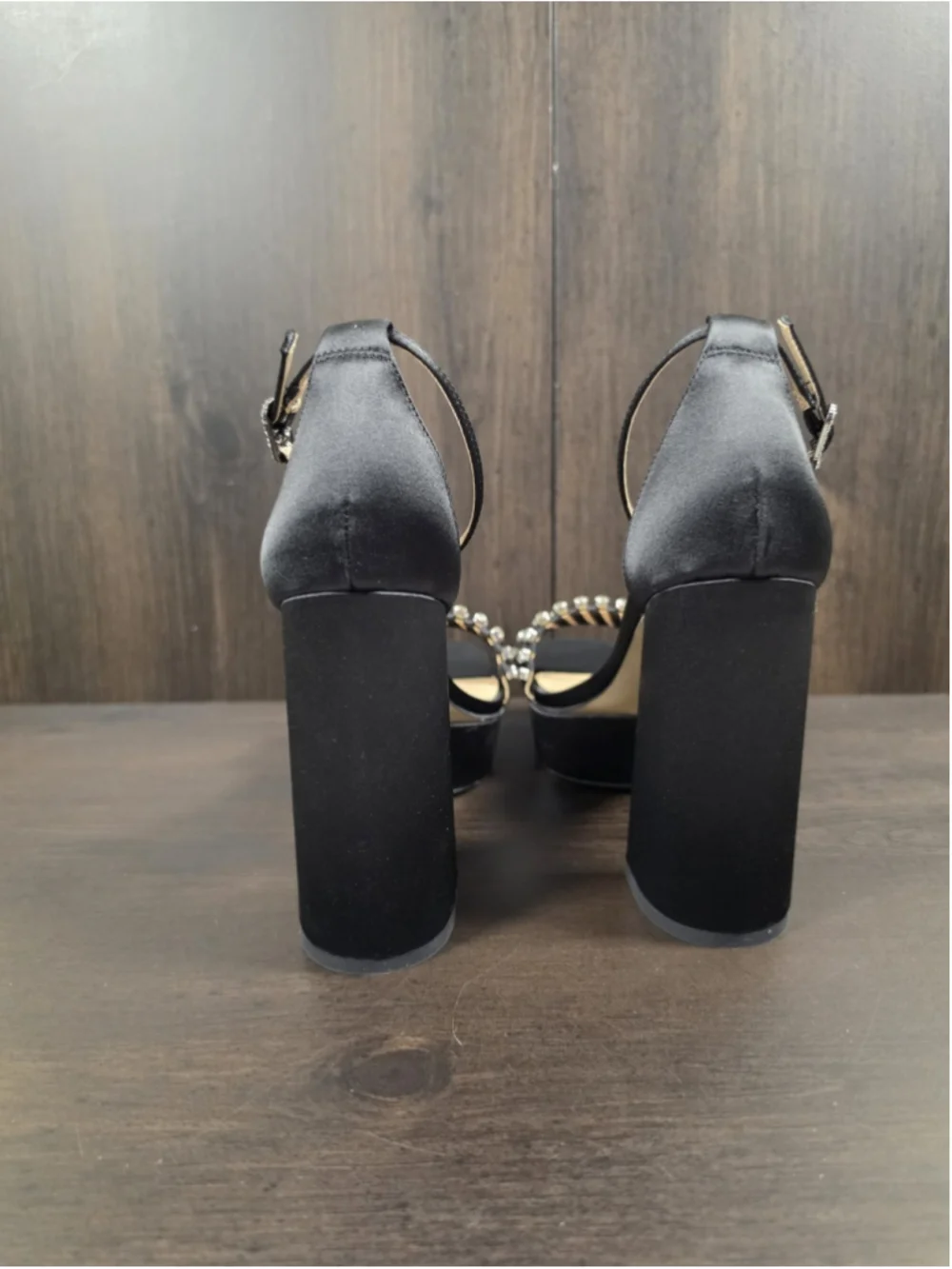 Sam Edelman Ninette Crystal Rhinestones Pleated Block Heels 7.5 M Black Satin